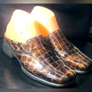 Mephisto Cool Air Mule France Brown Alligator Cork Patent Leather Shoes Sz 9